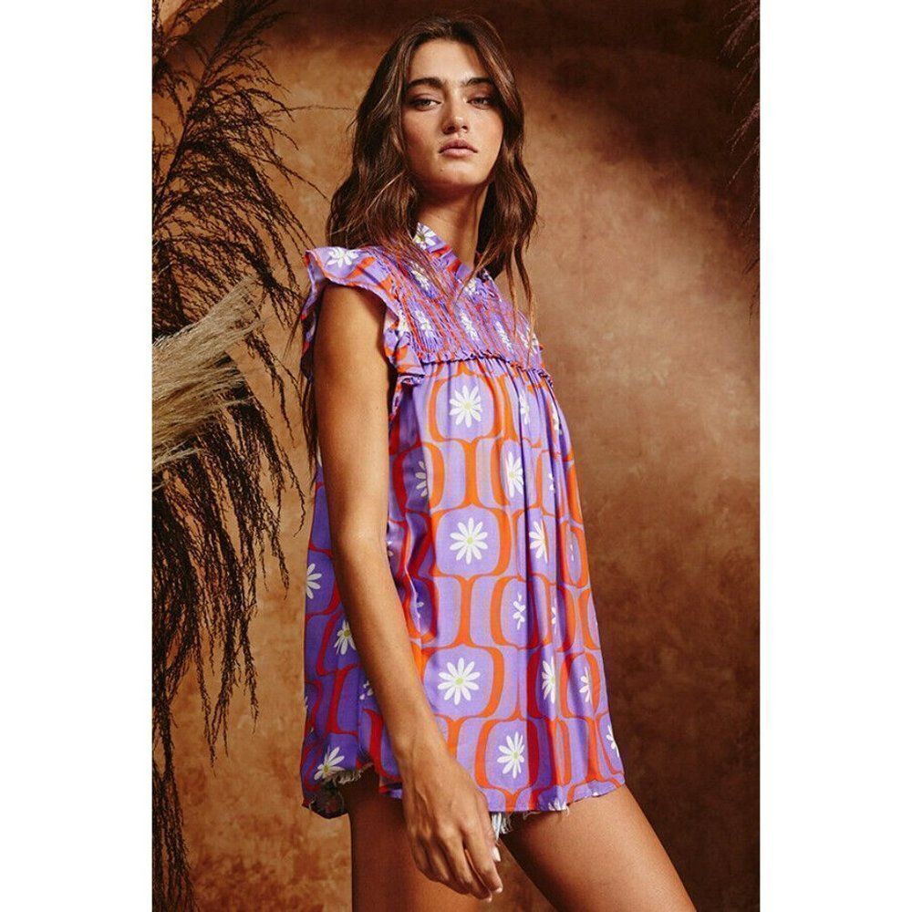 SALE! Bucketlist Retro Floral Geometric Print Top Smocked Detail S-L New T1421-1 - Picture 5 of 12